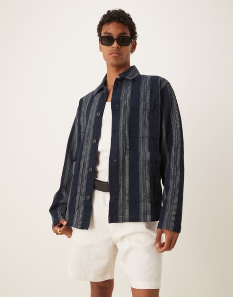 Selected - Camicia giacca blu navy a righe in 100% cotone a nido d'ape - view 1