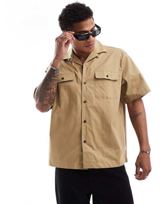 Selected - Camicia squadrata oversize beige con doppia tasca e rever