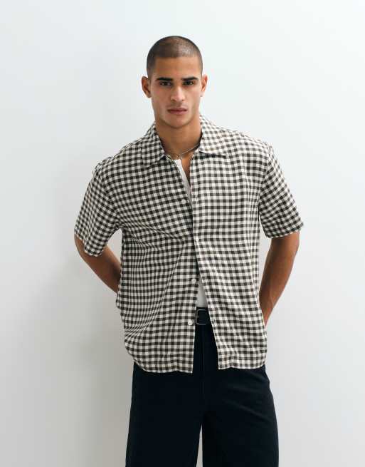 Selected - Camisa marrón a cuadros de manga corta de mezcla de lino, 4 de 5