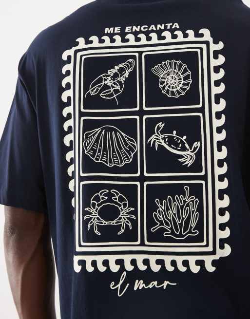 Selected - Camiseta azul marino holgada con estampado de sello marino en la espalda, 3 de 5