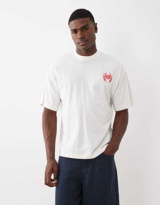 Selected - Camiseta color crema extragrande con estampado de sello de cangrejo en la espalda, 2 de 5