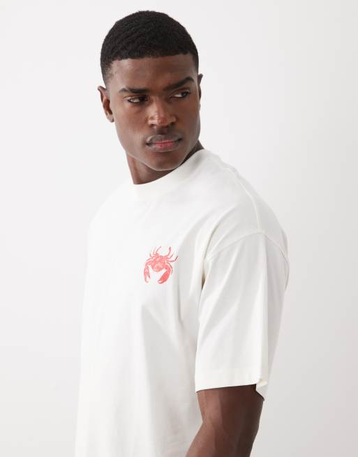 Selected - Camiseta color crema extragrande con estampado de sello de cangrejo en la espalda, 5 de 5