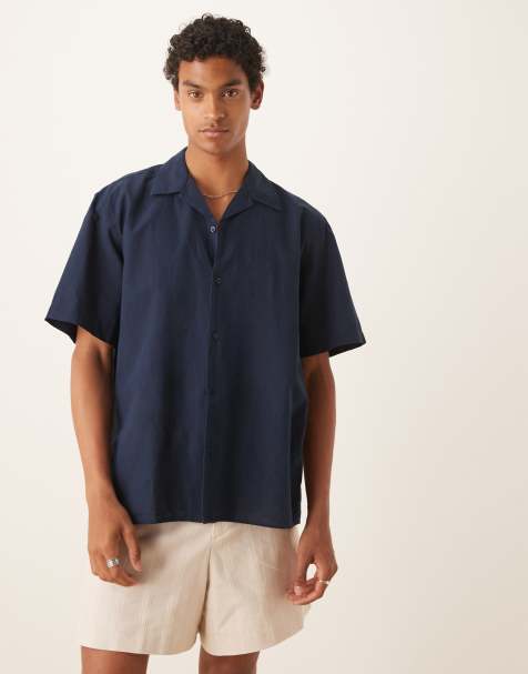 Selected camp collar linen blend shirt in navy - view 1