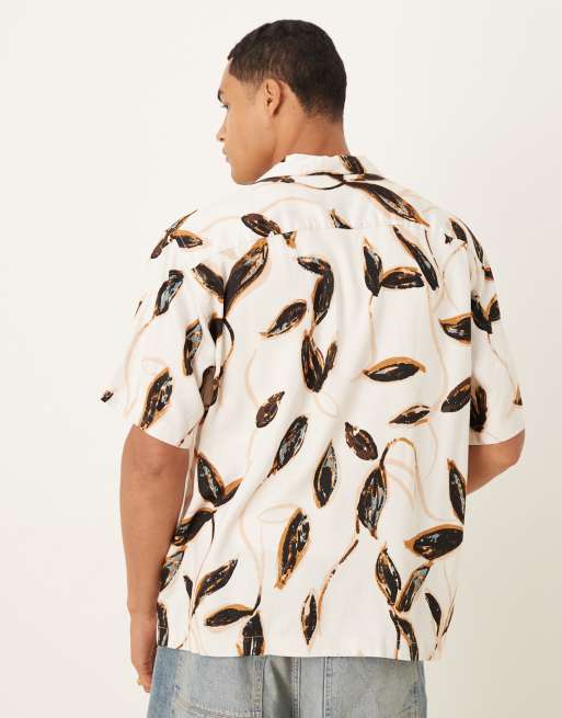 Selected camp collar shirt in cream brown leaf print , 3 of 5