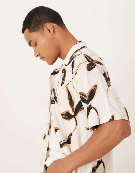 Selected camp collar shirt in cream brown leaf print , 4 of 5