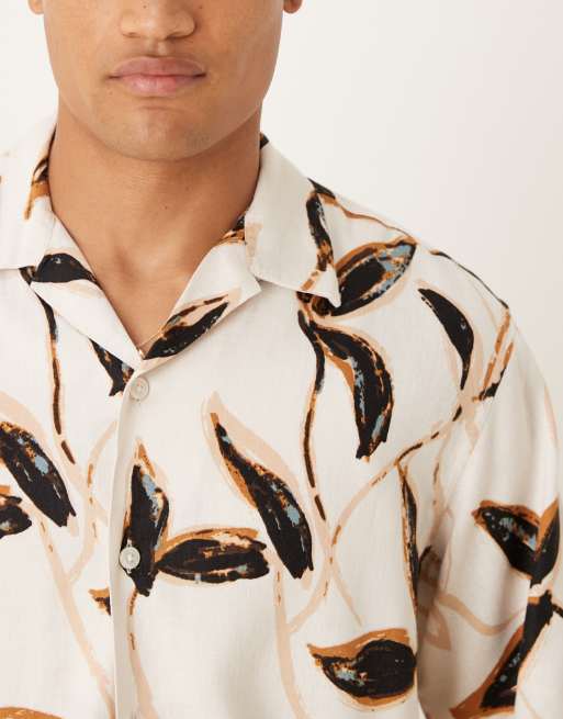 Selected camp collar shirt in cream brown leaf print , 5 of 5