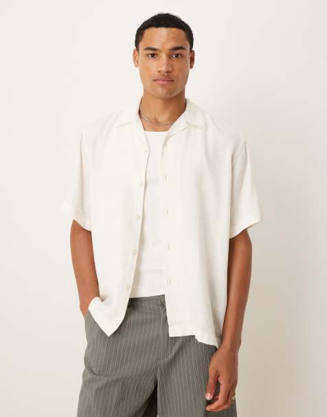 Selected camp collar shirt in cream herringbone pattern texture - view 1