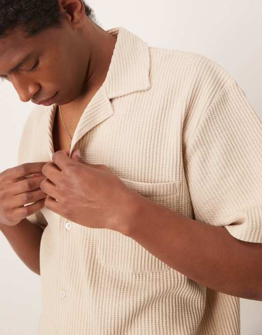 Selected camp collar waffle shirt in cream - part of a set 