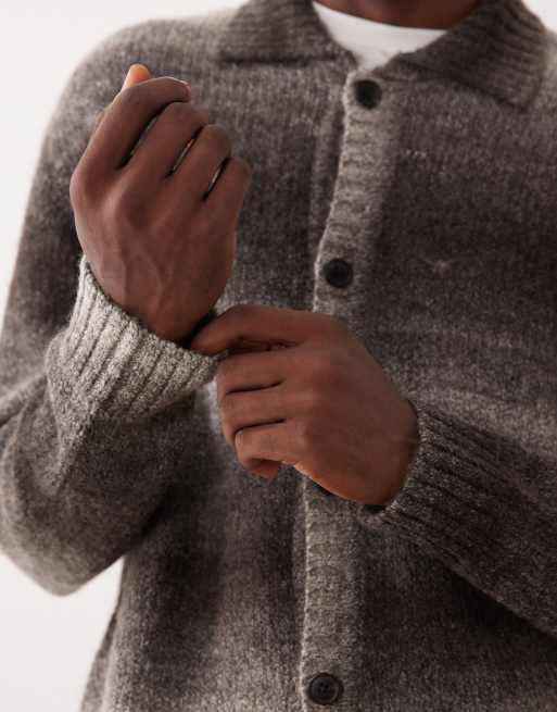 Selected - Cardigan in misto lana marrone sfumato con collo stile polo, 5 di 5