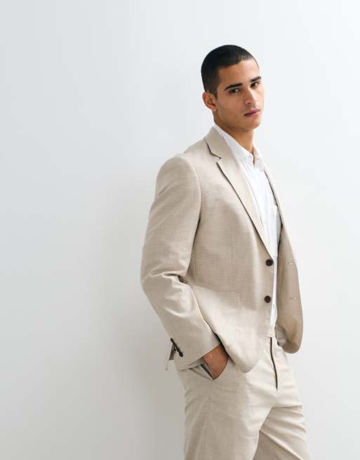 Selected - Conjunto beis de pantalones y chaqueta de traje estándar de mezcla de lino, 2 de 3