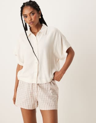 Chemise courte en lin - Crème-Blanc 36