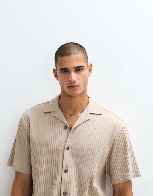Selected - Chemise d'ensemble côtelée à manches courtes - Beige   , 4 de 5