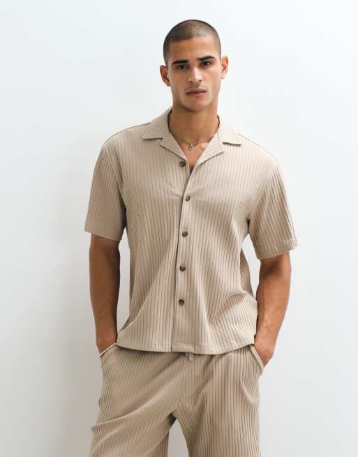 Selected - Chemise d'ensemble côtelée à manches courtes - Beige   , 5 de 5