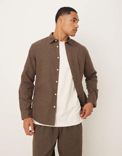 Selected - Chemise oversize coupe carrée en coton brossé - Marron - view 1