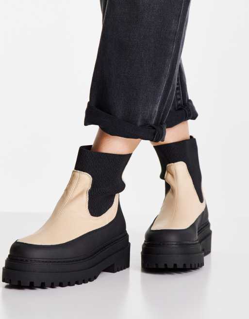 Selected chunky boots in cream and black, 2 of 4