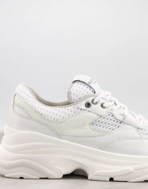 Selected chunky leather sneakers with athletic mesh in white, 3 of 4