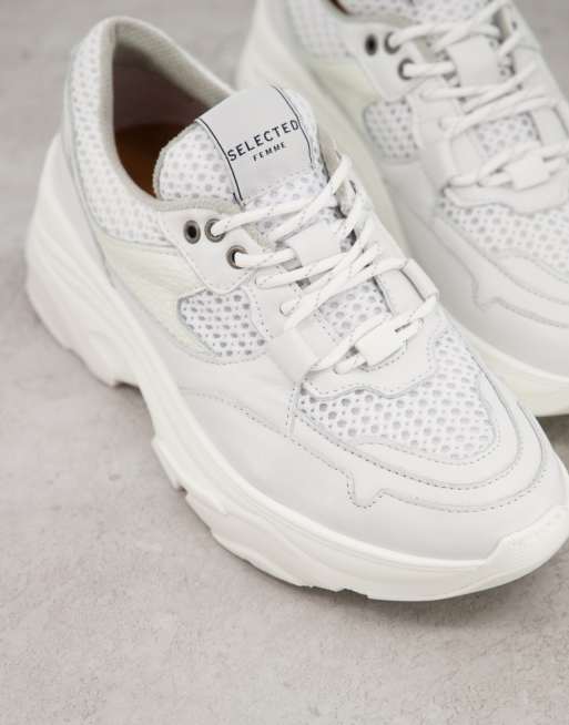 Selected chunky leather trainers with sports mesh in white, 4 of 4