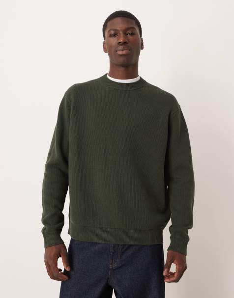 Selected 100% cotton boxy knitted jumper in dark green