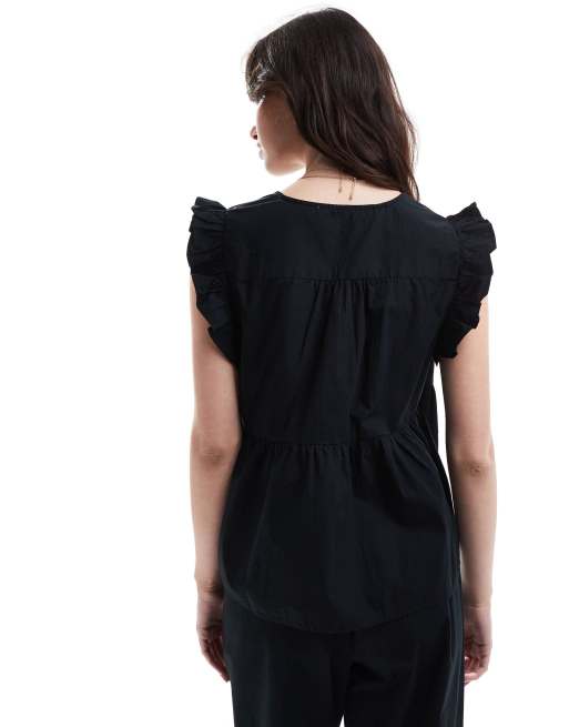 Selected co-ord frilly top in black , 4 of 4