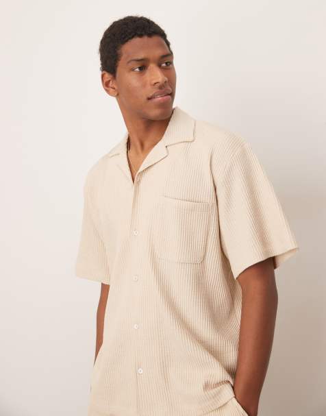 Selected co-ord revere collar waffle shirt in cream 