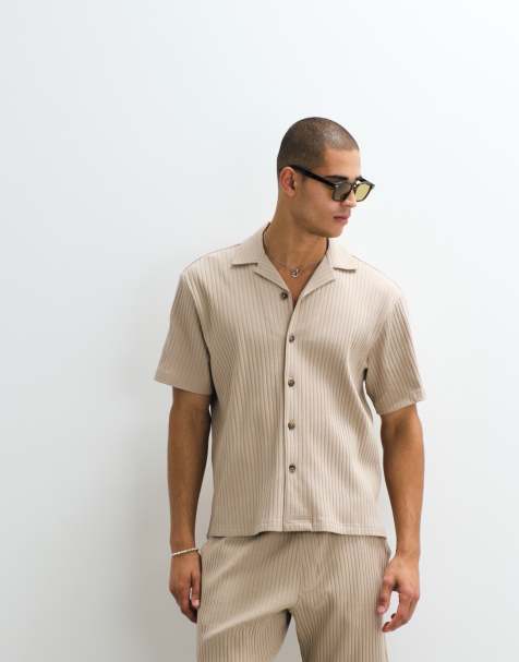 Selected co-ord ribbed short sleeve shirt in beige - view 1