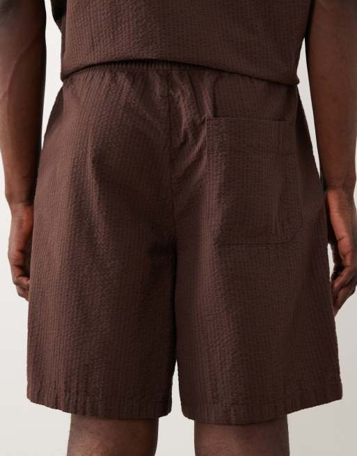 Selected co-ord seersucker shorts in brown, 5 of 5