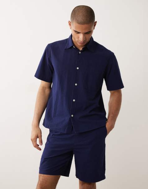 Selected co-ord seersucker shorts in navy - view 1