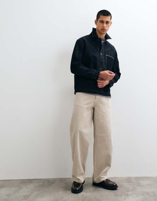 Selected co-ord selvedge denim jacket with contrast stitching in dark blue, 3 of 5