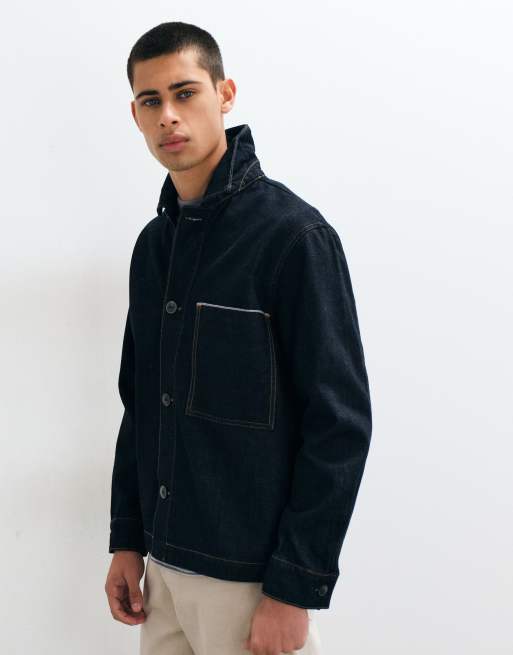 Selected co-ord selvedge denimjakke med kontrastsyninger i mørkeblå, 4 af 5