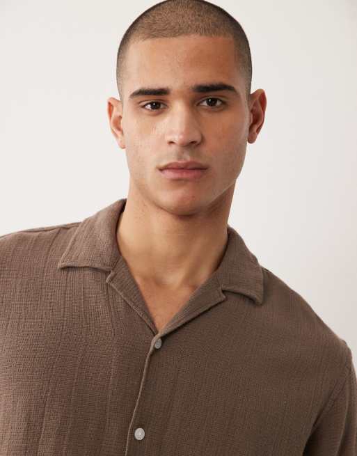 Selected co-ord textured shirt in brown, 4 of 5