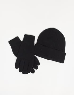 Selected - Coffret cadeau avec bonnet et gants en laine mélangée - Noir