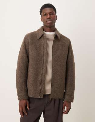 Selected collared wool blend zip up jacket in brown