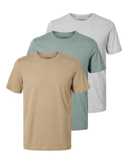 Selected - Confezione multipack da 3 T-shirt color grigio chiaro, verde e cuoio
