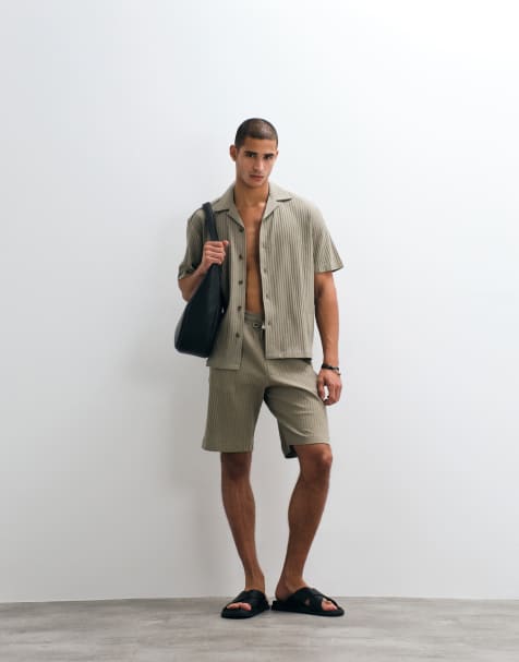 Selected - Conjunto caqui de camiseta, camisa y pantalones cortos de canalé - view 1