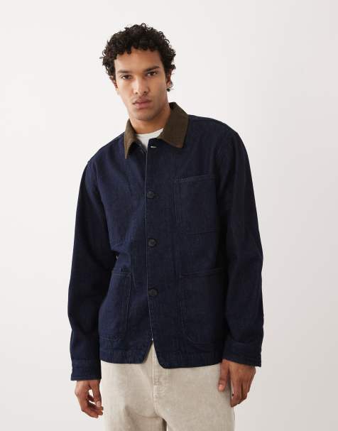 Selected contrast collar denim jacket in raw rinse - view 1