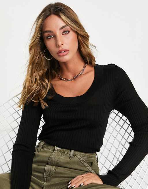 Selected - Costa - Maglione a coste con scollo rotondo, colore nero