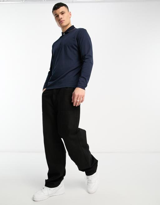 Selected cotton mix long sleeve polo with zip in navy , 4 of 4