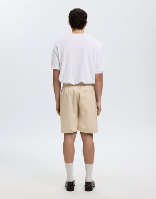 Selected cotton poplin drawstring shorts in beige, 2 of 5