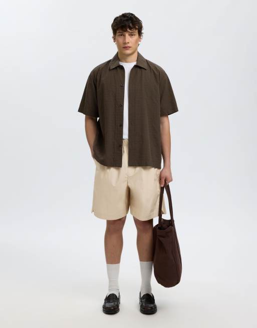 Selected cotton poplin drawstring shorts in beige, 5 of 5