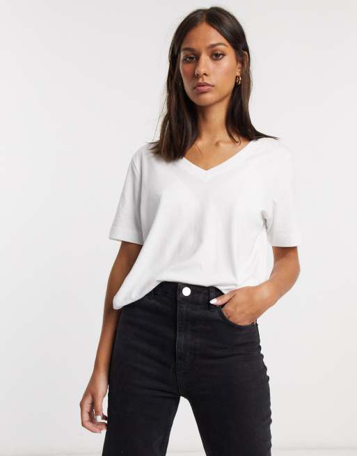 Selected cotton v-neck t-shirt with short sleeves in white, 3 of 4