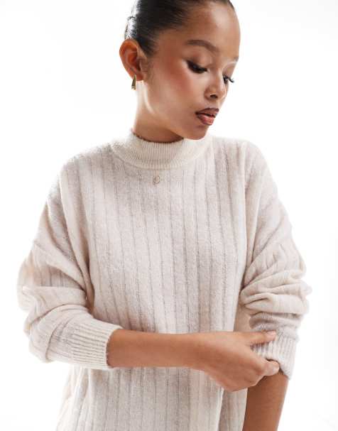 Selected crew neck merino wool blend sweater in textured cream - view 1