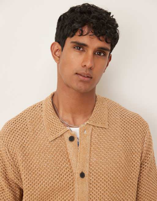 Selected crochet shirt in tan , 3 of 4