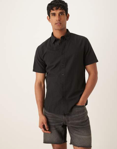 Selected linen blend short sleeve shirt in black 