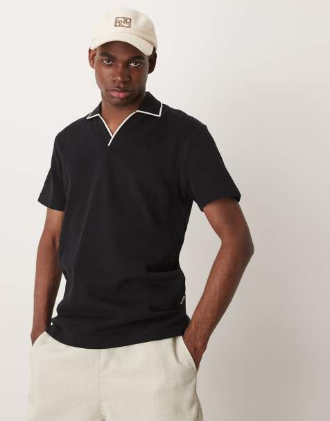 Selected split neck polo shirt in black 