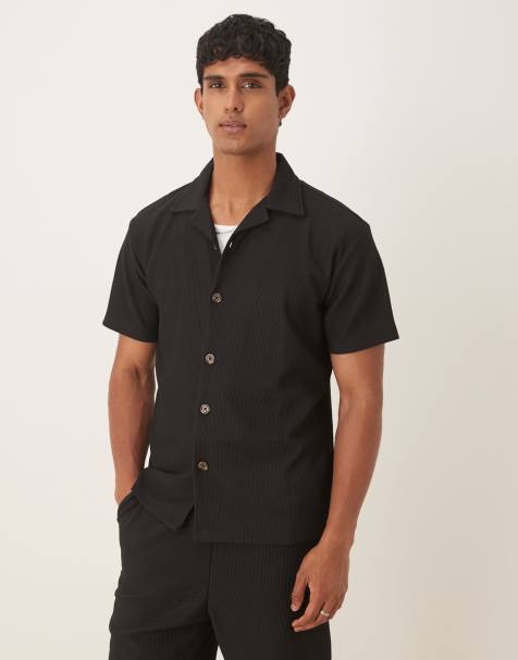 Selected co-ord revere collar plisse shirt in black 