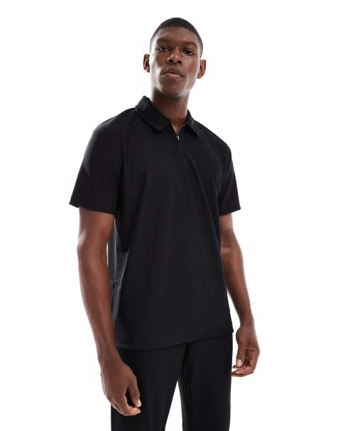 Selected plisse half zip polo in black 