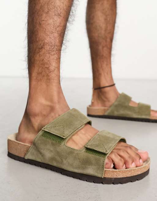 Selected double strap suede sandal in khaki 