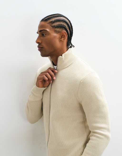 Selected double zip ribbed knit jumper in cream, 2 of 5