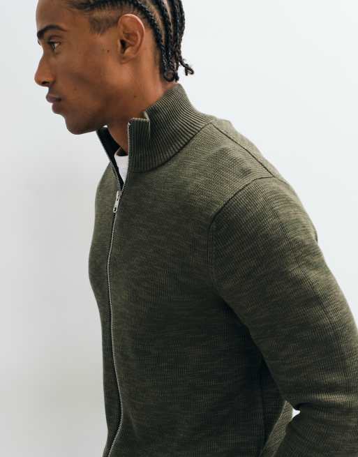 Selected double zip ribbed knit jumper in khaki, 3 of 5