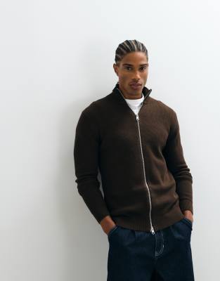 Selected Double Zip Ribbed Knit Sweater In Brown